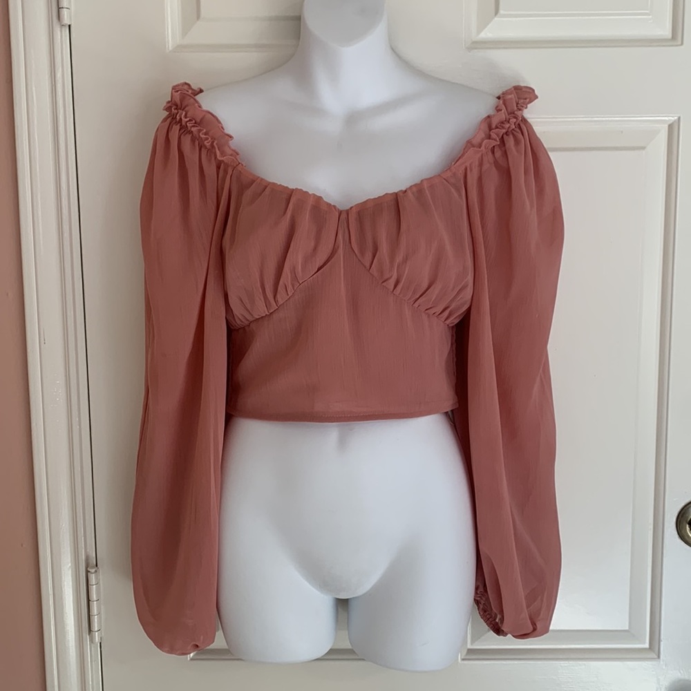 HYFVE off the shoulder dusty rose pink bustier long sleeve cropped blouse